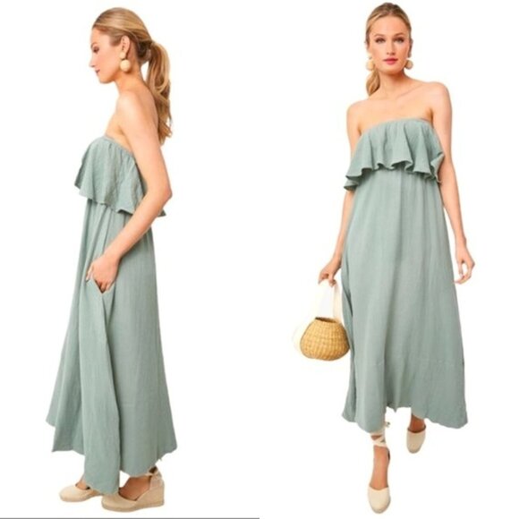 Pomander Place NEW Sage Green Gauzy Casual Strapless Mallorca Maxi Dress Size XS